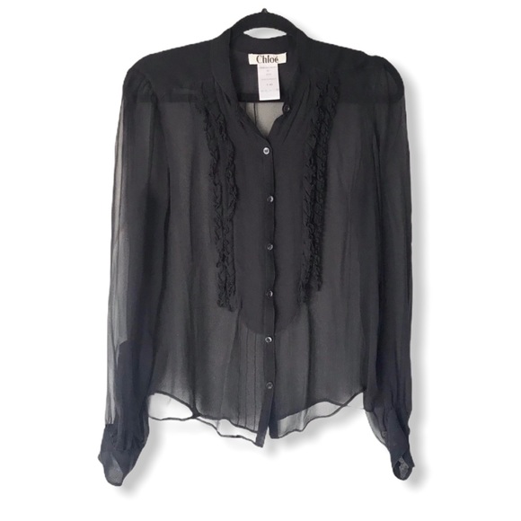 CHLOÉ black sheer button up beaded blouse S - Picture 1 of 8